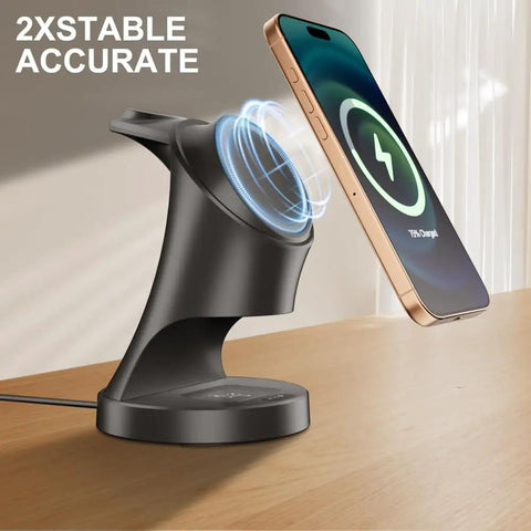 3-In-1 Wireless Charging Station For iPhone 17 16 15 14 13 12 Pro Max Plus Mini, AirPods 2 3 4 Pro, And Watch Ultra 11 10 9 8 7 SE MagSafe Charger Dock in use