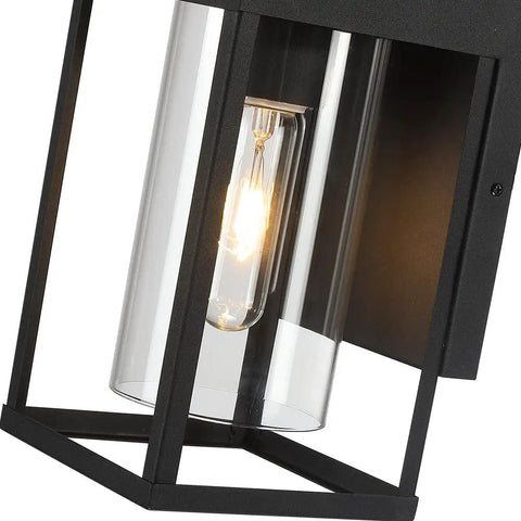 Close-up of 2 Pack Black Outdoor Wall Light Fixtures Dusk To Dawn Exterior Lantern Sconce with clear glass shade