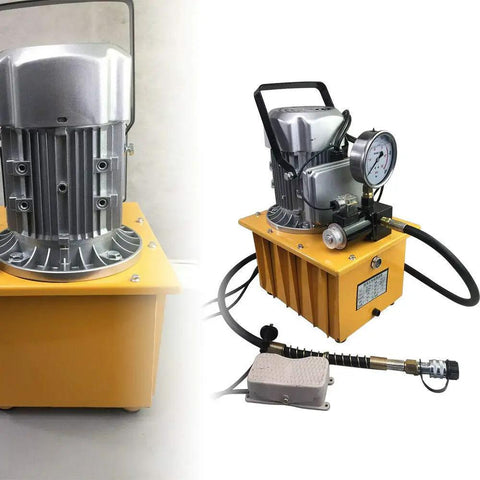 Heavy Duty 750W 110V Electric Hydraulic Pump With 7L Tank And Single Acting Pedal Solenoid Valve Control Kicking Up To Ten Thousand Psi For Solid Daily Grind And Shop Lifts Black side view showing the robust motor and control features.