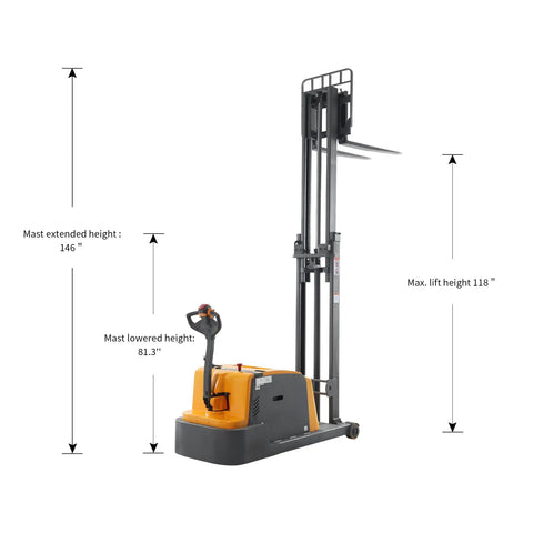 Heavy Duty Full Electric Pallet Stacker And Counterbalanced Forklift Racks Up 3300 LB Capacity For Rough Job Sites showing max lift height of 118 inches.