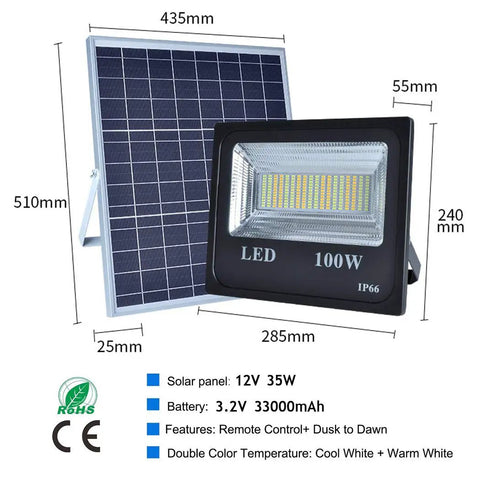 100W Led Solar Flood Lights Outdoor Dusk to Dawn Solar Lights 12000Lm with solar panel and remote control features