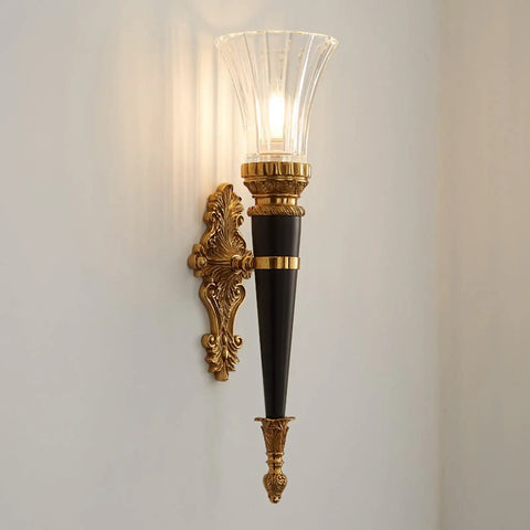 Solid Copper Wall Sconce Clear Textured Glass Shade Matte Black With Brushed Gold Trim Heavy Duty Indoor Lighting Fixture for hallway.