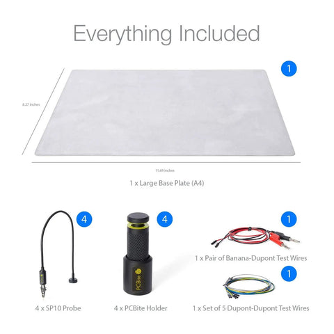 Contents of Pro Grade Four SP10 Probes Soldering Helper Kit, including base plate, PCBite holder, SP10 probes, test wires, and adapters.
