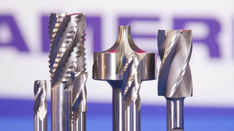 Drill America HSS end mills set, five pieces, metallic silver finish.