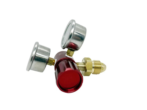 Red Anodized Aluminum Argon Regulator With 0 To 400 PSI Range High Flow 45 CFM Lightweight One Quarter Inch FNPT Outlet Dual Chrome Gauges CGA580