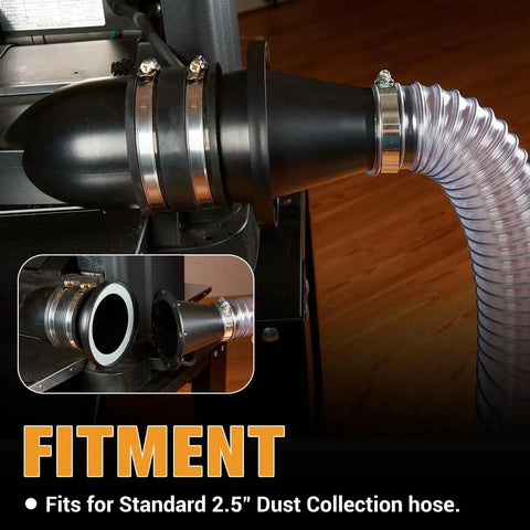4 To 2 And A Half Inch Magnetic Dust Collection Fittings Starter Kit attached to 2.5-inch shop vac hose with black connector