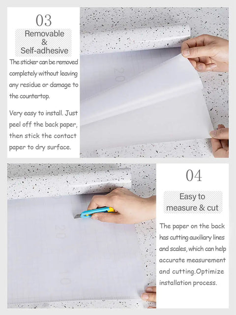 Hands applying White Glossy Marble Contact Paper Peel and Stick Self Adhesive Removable Wallpaper for Countertops Kitchens Bathrooms and Cabinets