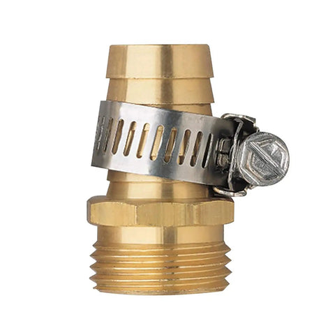 Two Pack Brass Five Eighth Inch Garden Hose Connector Kit With Male And Female Fittings And Clamps, Heavy Duty Leak Proof Hose Mender End Repair, Corrosion Resistant, Easy Connect And Disconnect, Fits Standard Five Eighth Inch Thread showing brass male connector and clamp