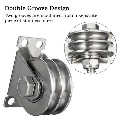 Heavy Duty Double Groove Cable Fixed Pulley Block With Built-In Bearings in Stainless Steel, front angle view.