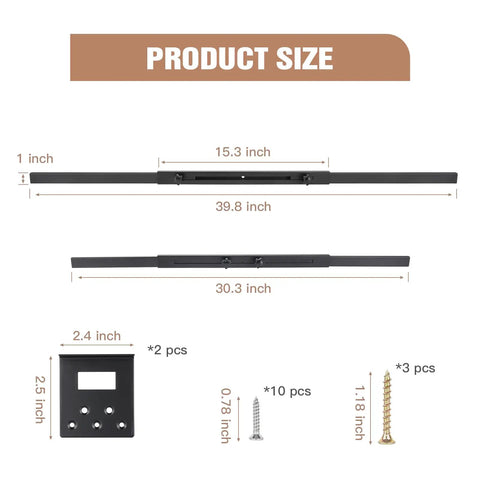 Badass Heavy Duty Door Security Bar Set Rock Solid Adjustable Barricade Bracket dimensions with screws, steel build, sizes shown.