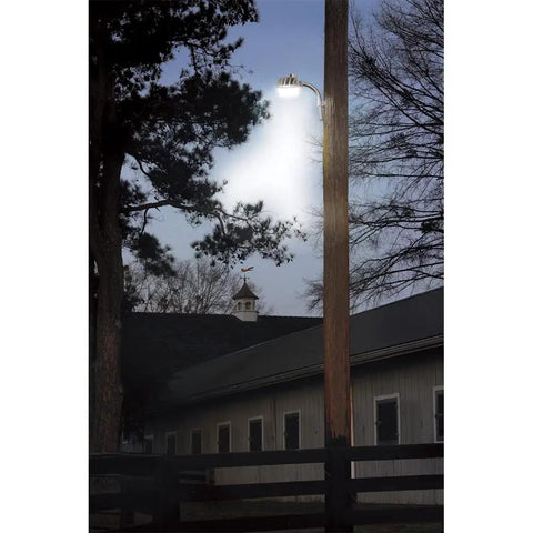 Energy Star LED Dusk To Dawn Light With 50K Hour Lifespan illuminating a barn area at night, mounted on a pole, trees in background.