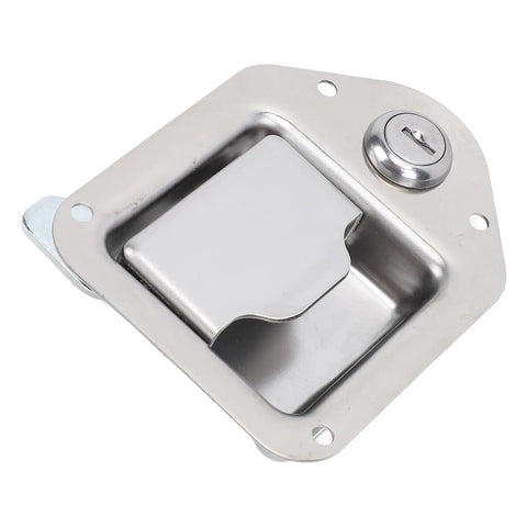 Tough As Nails Stainless Steel Trailer Toolbox Latch With Key Lock For UTV RV ATV And Dog Box Secure Metal Hasp close-up with keyhole.