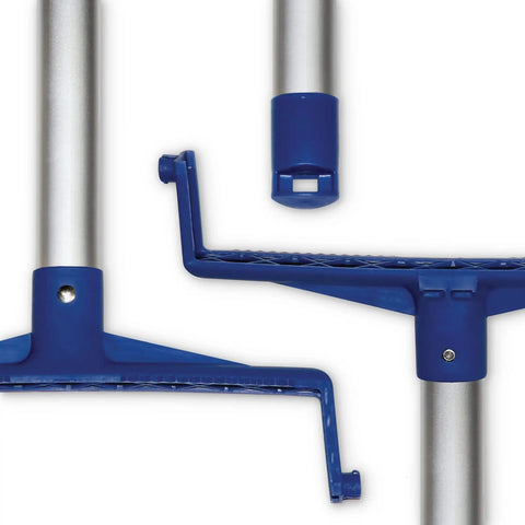 No Sweat Cleanup With This Stand Up Commercial Dustpan Featuring A 30 Inch Aluminum Handle And Serrated Comb Edge Locking Yoke Pack Of 6 Blue Facility Floor Care Bins close-up of the locking mechanism and handle.