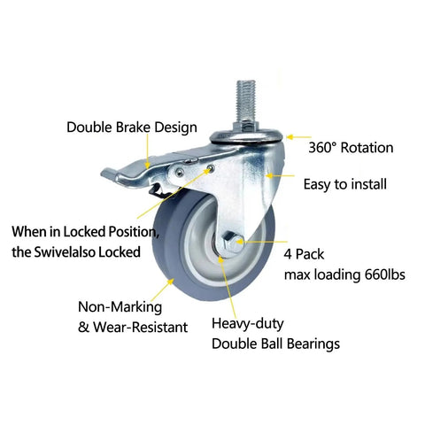 Heavy Duty Three Inch Rubber Swivel Casters With Locking Brakes Set Of Four M20 Threaded Stem Wheels showing design features and specs.