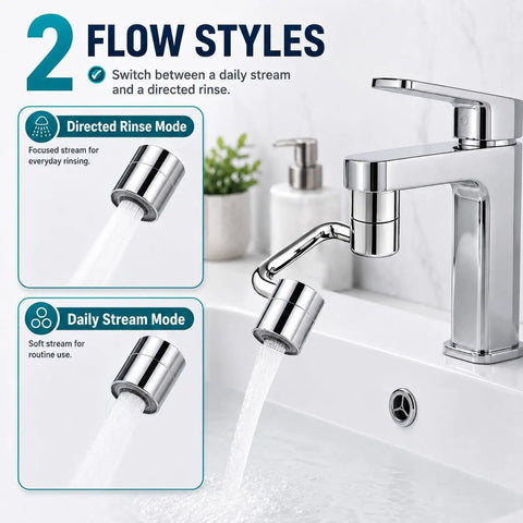 Two Piece U Shaped Faucet Extender Featuring Smooth Swivel Reach And Dual Spray Modes Comes Complete With All Gaskets For Super Simple Kitchen And Bath Sink Updates In Classic Silver showing flow styles.