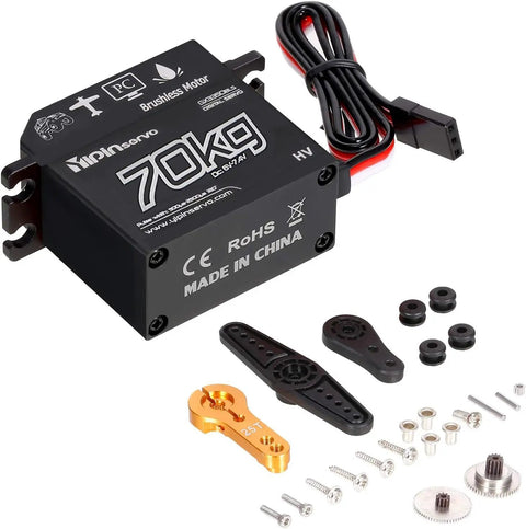 Beefy 70Kg High Torque RC Servo With 25T Arm, IP67 Waterproof Full Metal Body, 180 Degree Steering, Heavy Duty, Long Lasting Performance For 1/10, 1/8, 1/5 Scale RC Cars And Trucks, with 25T arm and cables