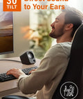Man enjoying music at desk with 14W USB powered stereo PC speakers with compact size and 30 degree tilt design in black.