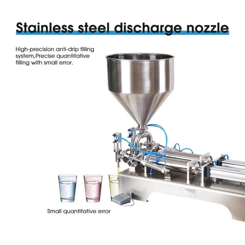 Stainless steel discharge nozzle of Plug And Play Semi Automatic Pneumatic Paste Filling Machine for precise filling.