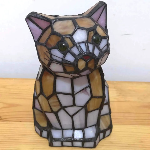Cute Cat Tiffany Style Stained Glass Accent Table Lamp Cozy Night Light For Home Decor Yellow One Cat Design