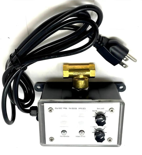 Top Shelf Electric Air Compressor Tank Drain Valve Designed To Kick Rust And Gunk Out Of Receivers With Timer Control features a brass valve and control panel.