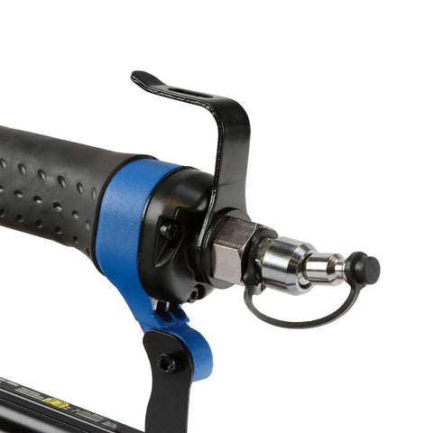 Close-up of Pro Grade Pneumatic Brad Nailer showing quick connect swivel fitting and adjustable metal belt hook.