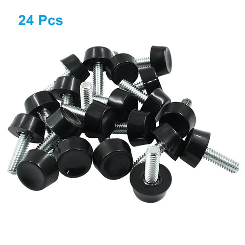 Twenty Four Pack Adjustable Furniture Leveling Feet Replace Wobbly Table Glides Screw In Leg Stabilizers One Quarter Inch Pitch Grip These Tight For A Rock Solid Foundation Wherever You Park Your Rig, featuring black rubber tops with threaded metal screws