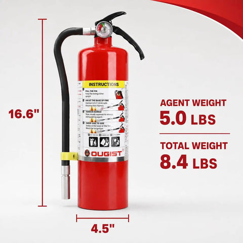 Hella Reliable ABC Dry Chemical Fire Extinguisher 5 Pound 2A 10B C Class Rating, showing instructions and dimensions.