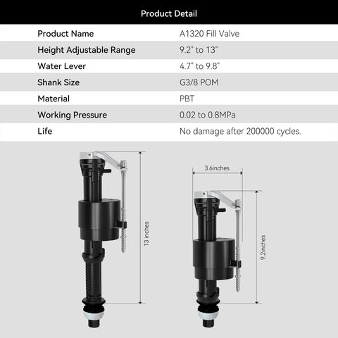 Universal Quiet Toilet Fill Valve And Comprehensive Repair Kit, adjustable height 9.2 to 13 inches, PBT material, designed for easy DIY swaps.