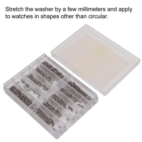 Top Shelf Stainless Steel Cross Micro Screw Set With Nifty Storage Box, assorted screws in a clear case, used for watchmaking.