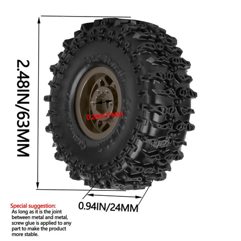 1.0 Inch Beadlock Wheel Set For SCX24 TRX4M RC Crawler Cars showing side view with dimensions and brown aluminum hub