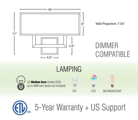 Diagram showing Haven 16 Inch 2 Light Totally Chic Modern Wall Sconce, dimmer compatible, 16x11 inches, brushed nickel finish, white shade.