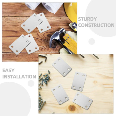 Sturdy Stainless Steel Mending Plates With Screws For Home Improvement And DIY Projects, Flat Metal Brackets on wooden surface