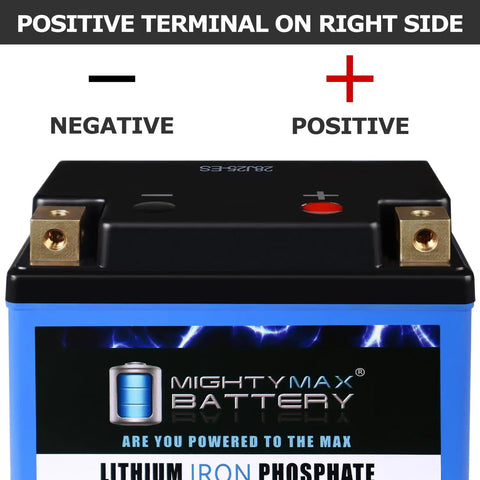 Twenty Pack 150 Amp LifePo4 Lithium Battery Dead Easy Drop In Fit For Polaris Scrambler 50Cc 2001 2002 showing positive and negative terminals.
