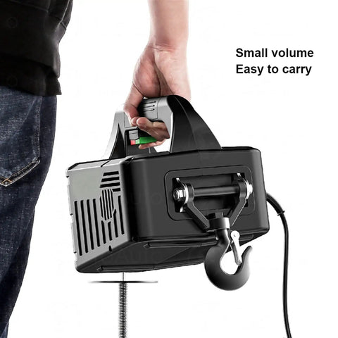 Rock Solid Heavy Duty Electric Chain Hoist Portable Auto Crane Lifter With 500kg Max Capacity shown in hand for easy carrying.