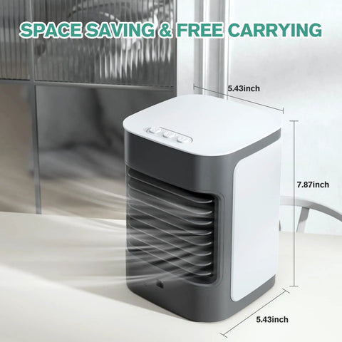 Black 3-In-1 Mini Evaporative Air Conditioner Fan With USB Charging on table, space-saving design, dimensions 5.43x7.87x5.43 inches