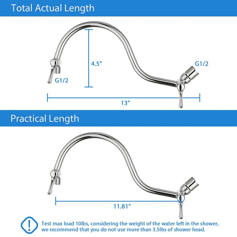 Diagram showing the 16 Inch Stainless Steel Shower Arm Extension with 360 Degree Rotation and adjustable G1/2 connection.