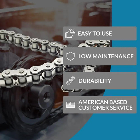 ANSI 80 Roller Chain Master Links Pack Of 5 For Fast Install And Strong Connection, chain on sprocket, usage benefits highlighted.