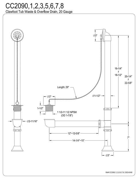 Diagram of Heavy Hitting Brass Clawfoot Tub Waste And Overflow Drain Kit featuring dimensions and details.