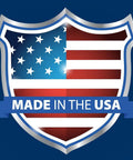 Shield with American flag design and 'Made in the USA' text, representing domestic production.