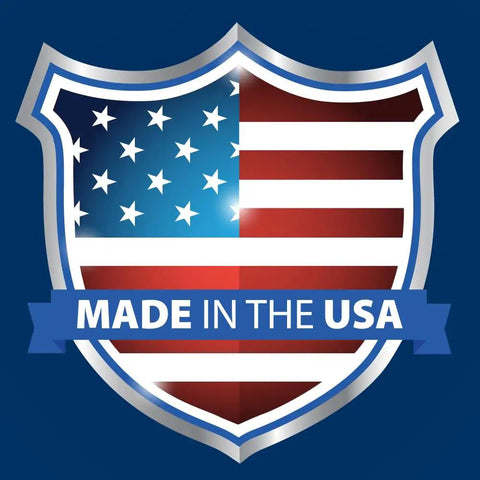 Shield emblem with American flag design and 'Made in the USA' text.