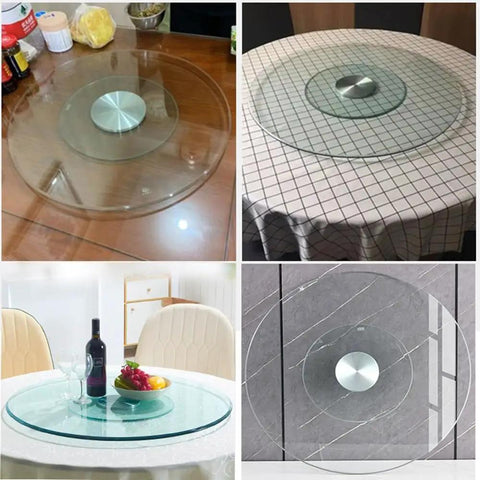 Large 43 Inch Lazy Susan Tempered Glass Turntable For Dining Table showcased on various table surfaces, highlighting its versatility.