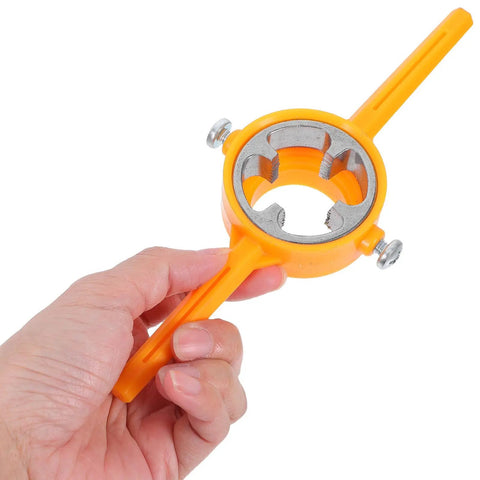 Get This Killer Gririw Pvc Thread Maker Tool Set For Plumbing Jobs, orange manual pipe threader held in a hand.