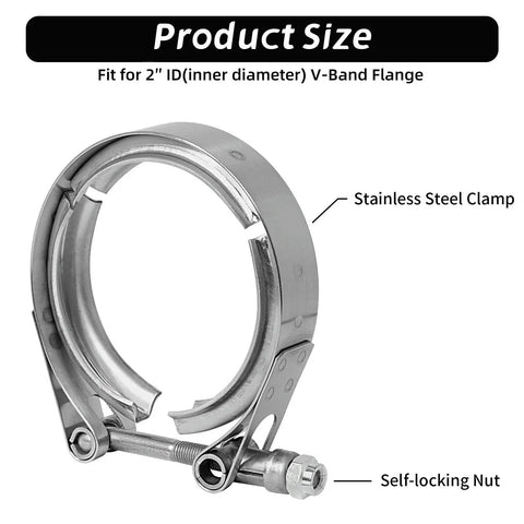 Top Shelf 2 Inch V Band Clamp With Slick Bolt Design Made From Hella Tough 304 Stainless Steel For Street And Strip Exhaust Setup Offering Rock Solid Seal And Rust Free Performance Upgrade Your Ride Today showing stainless steel clamp with self-locking nut.
