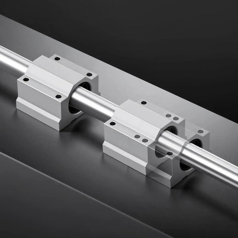 Close-up of SFC25 Linear Rail Kit for DIY CNC Projects with two 39.37 inch rails and four bearing blocks, rust resistant construction.