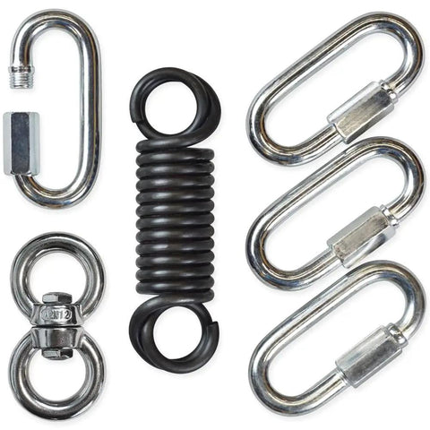 Heavy Duty Bag Mounting Hardware Featuring Pro Grade Spring Swivel And Four Screwlock Carabiners, includes carabiners and spring.
