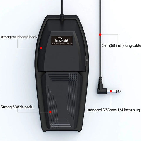 Top view of extra wide sustain pedal for digital pianos with anti slip silicone pads, tilted comfort surface and polarity switch