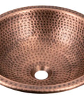 16 Inch Rotunda Copper Vanity Sink Hand Hammered Dual Mount Undermount Or Drop In For Bathroom Countertop Powder Room Restroom Durable Heavy Gauge Copper Craftsmanship. Hand-hammered copper sink with central drain.