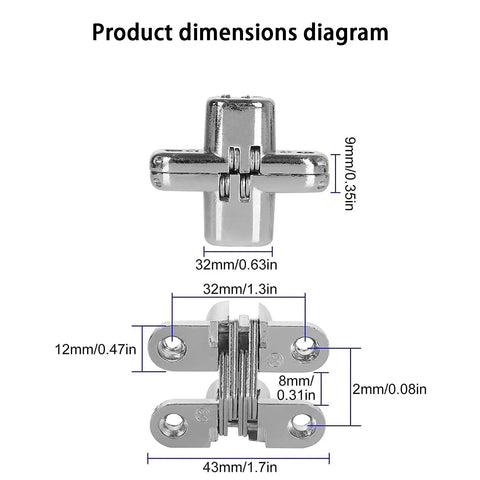 Dimensions of Two Pack Hidden Stainless Steel Hinges For Frameless Kitchen Cabinets 180 Degree Invisible Cross Hinges