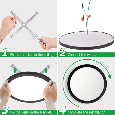 Installation steps for Two Pack 12 Inch Black Flush Mount LED Ceiling Light, 24W Round Dimmable Ceiling Lamp shown.
