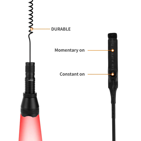 Beast Mode Long Range Hunting Flashlight with red beam and switch, showing momentary and constant on modes for night hunts
